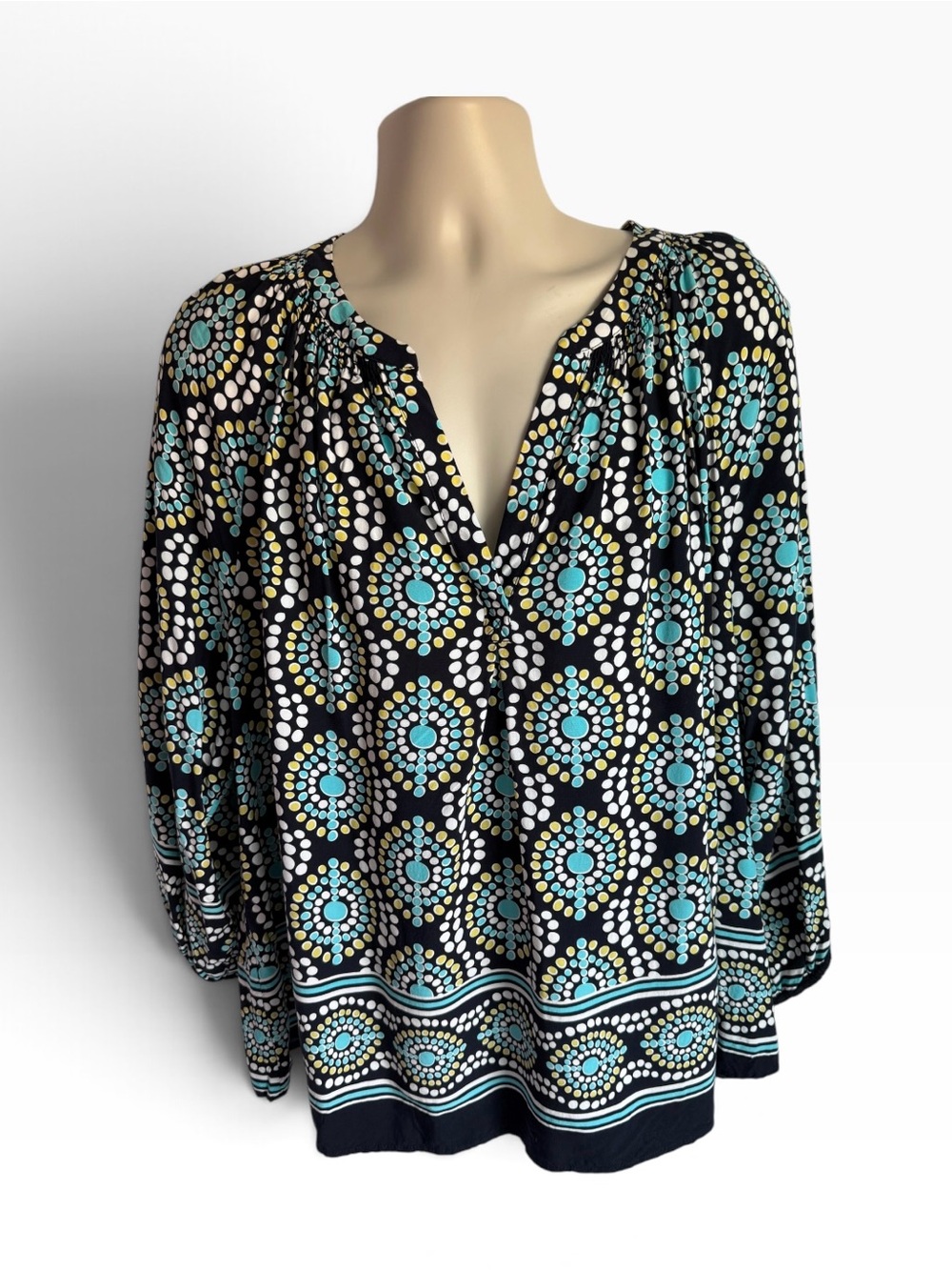 Crown & Ivy 3X Black Blouse Multi Color Dot Medallions